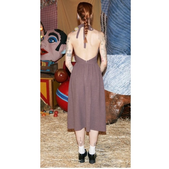 Fashion Brand Company Brown Linen Apron Halter Dress Small S FBC Penelope Gazin - Picture 7 of 8